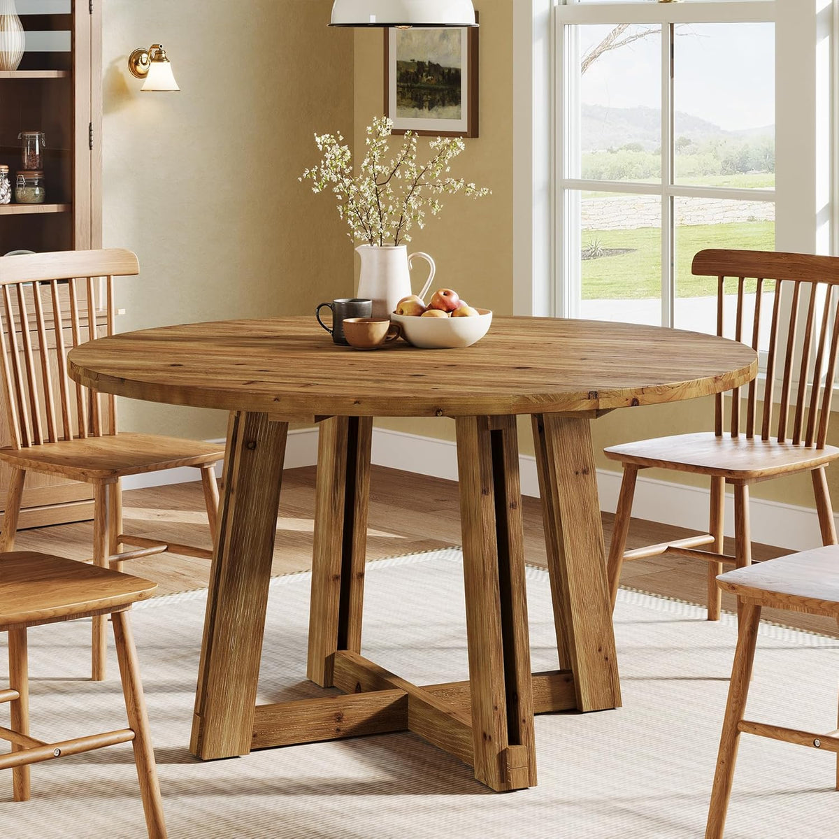 47.3" Solid Wood Dining Table for 4-6, Round Wood Kitchen Table | Farmhouse Kitchen & Dining Room Table, Sturdy and Stable, Circle Dinner Table with Wood Legs, Easy Assembly, Rustic Brown