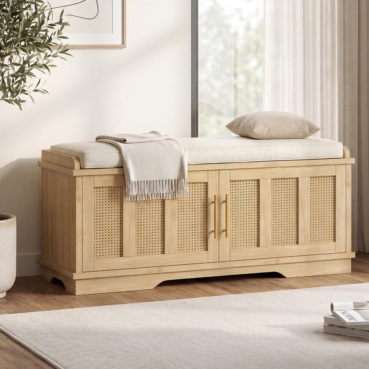 Heybly Shoe Cabinet with Bench, Rattan Entryway Storage Bench with Cushion, Shoe Storage Bench Cabinet with 2 Doors, Adjustable Shelves, Wooden Shoe Bench 39.4" for Living Room Bedroom Hallway HSB002N