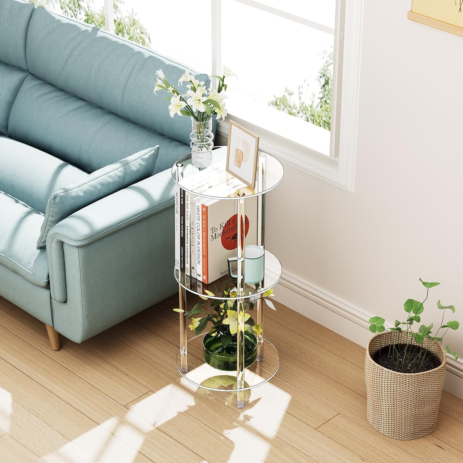 Clear Round Acrylic Side Table for Small Spaces, 11.81" L x 11.81" W x 26.7" H, 3 Tier Small Modern Drink End Table Nightstand, Minimalist Bedside Table for Living Room, Bedroom, Bathroom