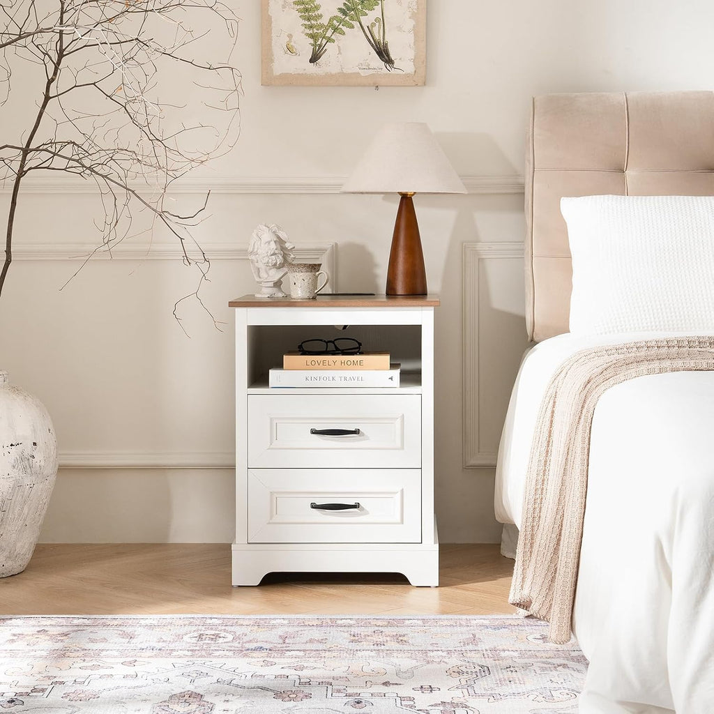 Farmhouse Nightstand with Charging Station, Wood Night Stand with Drawers, Bedside Table, Nightstands with Open Storage Shelf, Rustic Night Stands for Bedroom, Closet, 18" Wide, 24" Tall