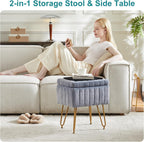 DUMOS Vanity Storage Ottoman Stool, Compact Faux Fur Footstool with Soft Seat, Modern Cute with 4 Metal Legs & Adjustable Feet for Bedroom, Living Room, Dressing Area & Dorm Grey