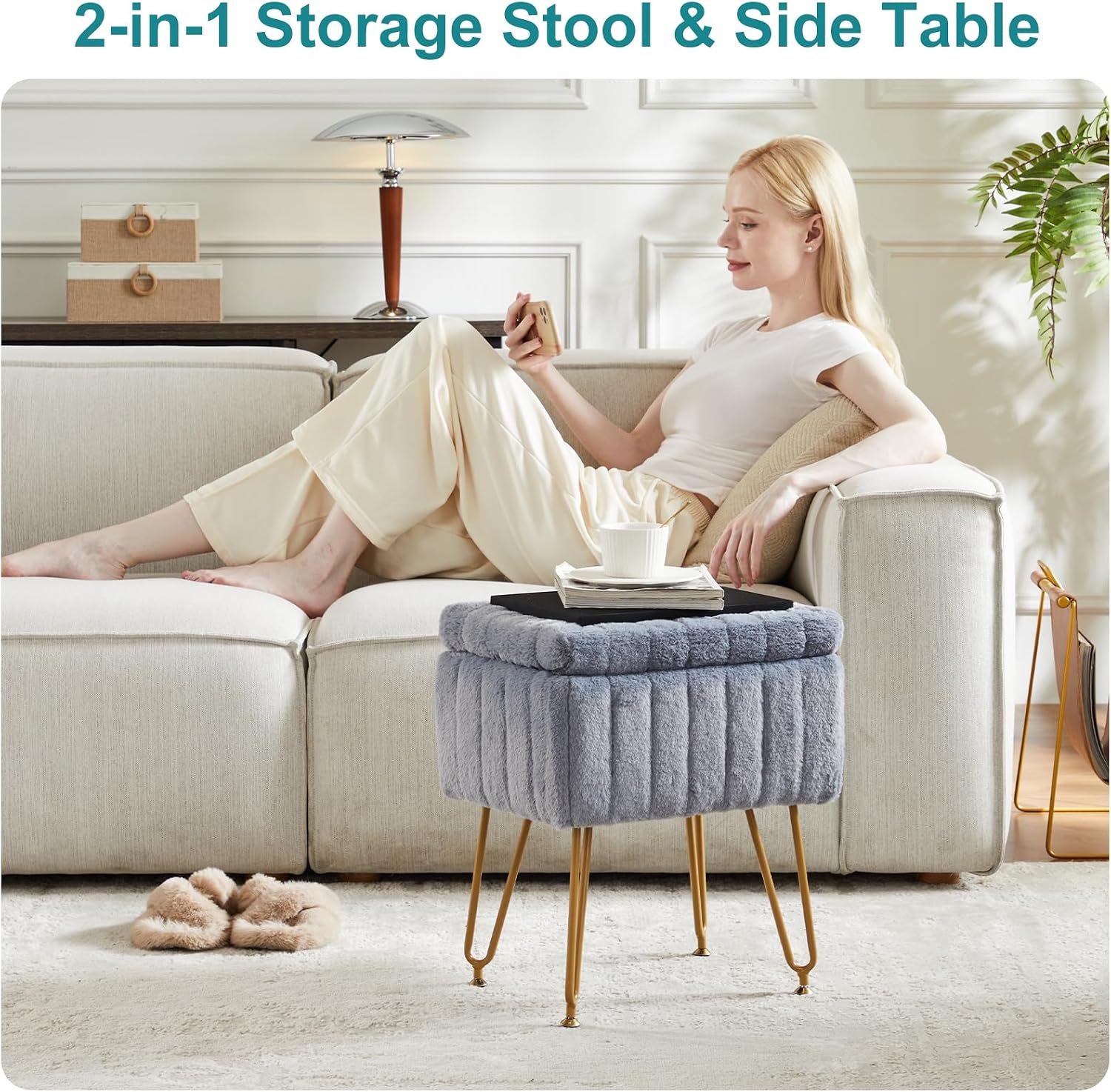 DUMOS Vanity Storage Ottoman Stool, Compact Faux Fur Footstool with Soft Seat, Modern Cute with 4 Metal Legs & Adjustable Feet for Bedroom, Living Room, Dressing Area & Dorm Grey