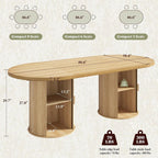 AMERLIFE 86.6" Modern Oval Dining Table with Hidden Storage, Extra Long Wooden Dining Room Table with Cylindrical Fluted Base, Seats 6-8, Natural Wood