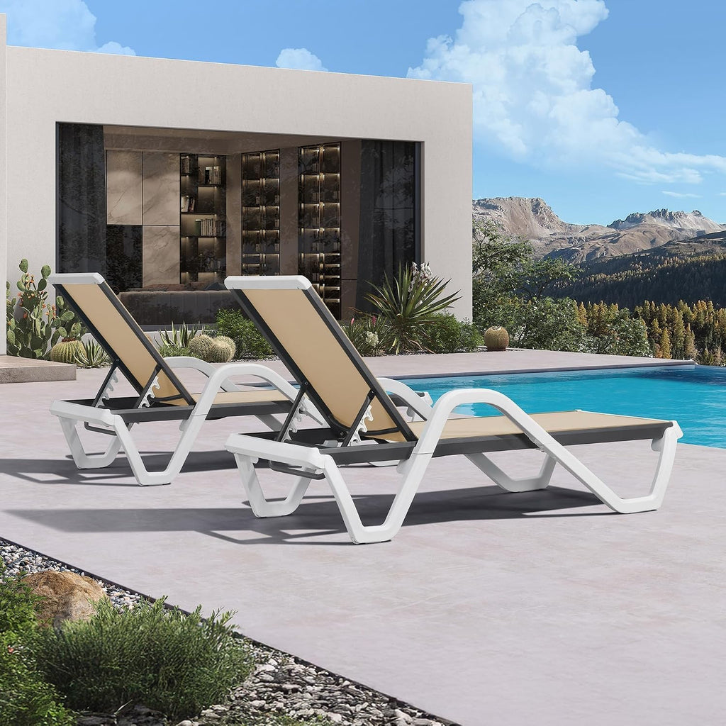 PURPLE LEAF Outdoor Chaise Lounge Set of 2 w/Armrest for Poolside, Khaki | Recline in 5 Positions, Lounge Freely with 400 lbs Support, Enjoy All-Day Cooling & Quick-Dry Comfort