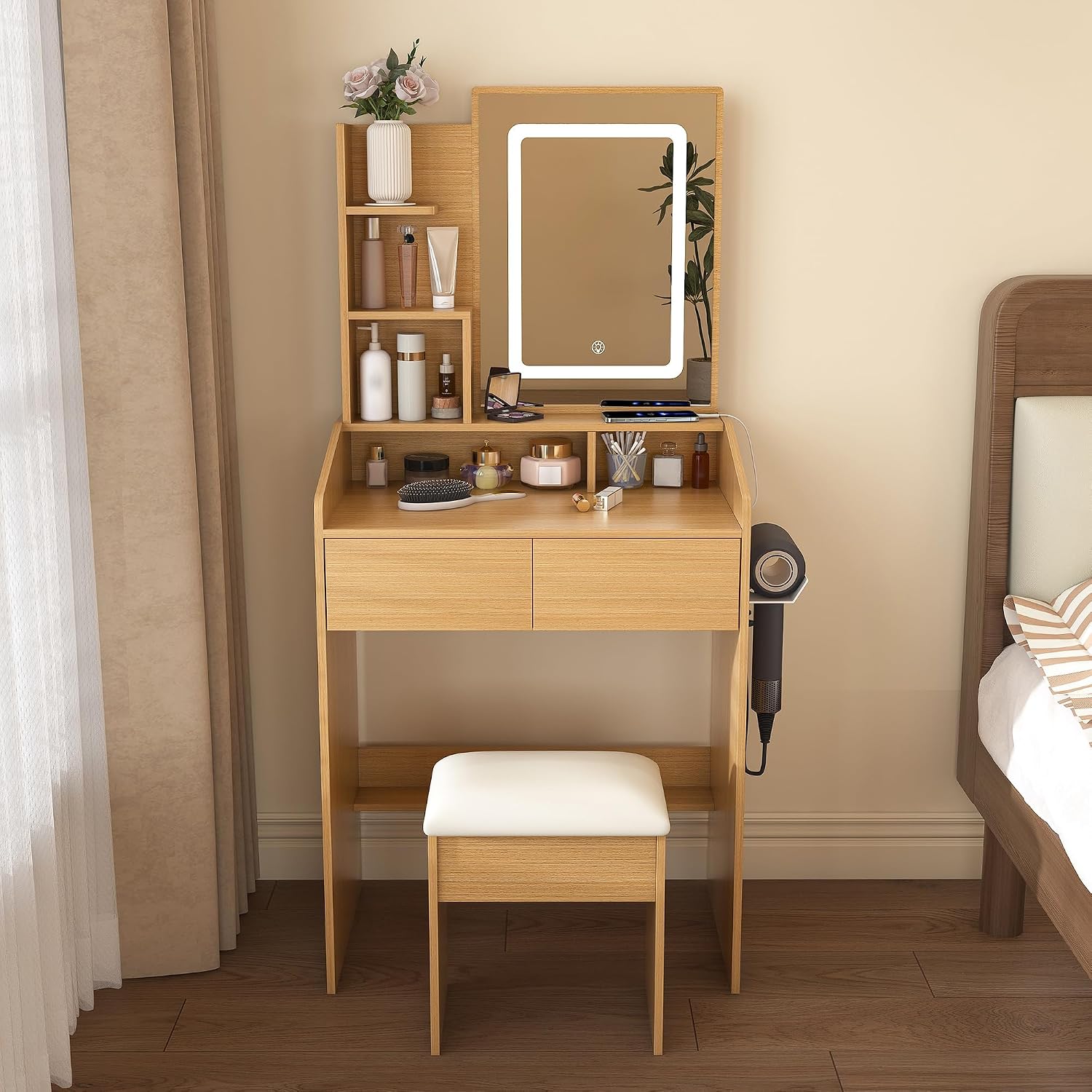 Small Makeup Vanity Desk with Light and Mirror,23.6" Compact Make up Dressing Table with USB, Type C Outlet and Holder, Padded Stool & Shelf, Space Saving Vanity Table for Teen Dorm Bedroom