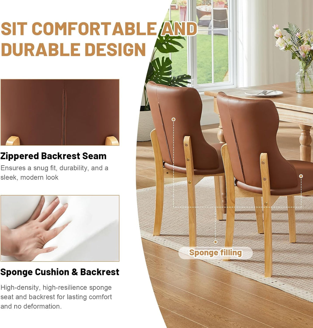 Faux Leather Dining Chairs Set of 4, Upholstered Dining Room Chair with Button Tufted, Solid Wood Legs, Mid Century Modern, Luxury Wingback Side Chair for Living Room, Kitchen, Restaurant, Brown