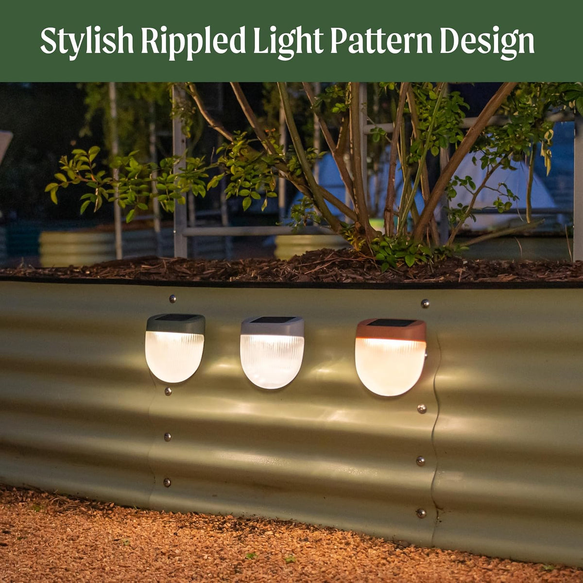 Vego garden Rippled Solar Garden Lights with Auto Sensors Magnetize Securely to Raised Beds, IPX4 Waterproof Outdoor LED Light for Patio & Yard Olive Green, 2 Pack