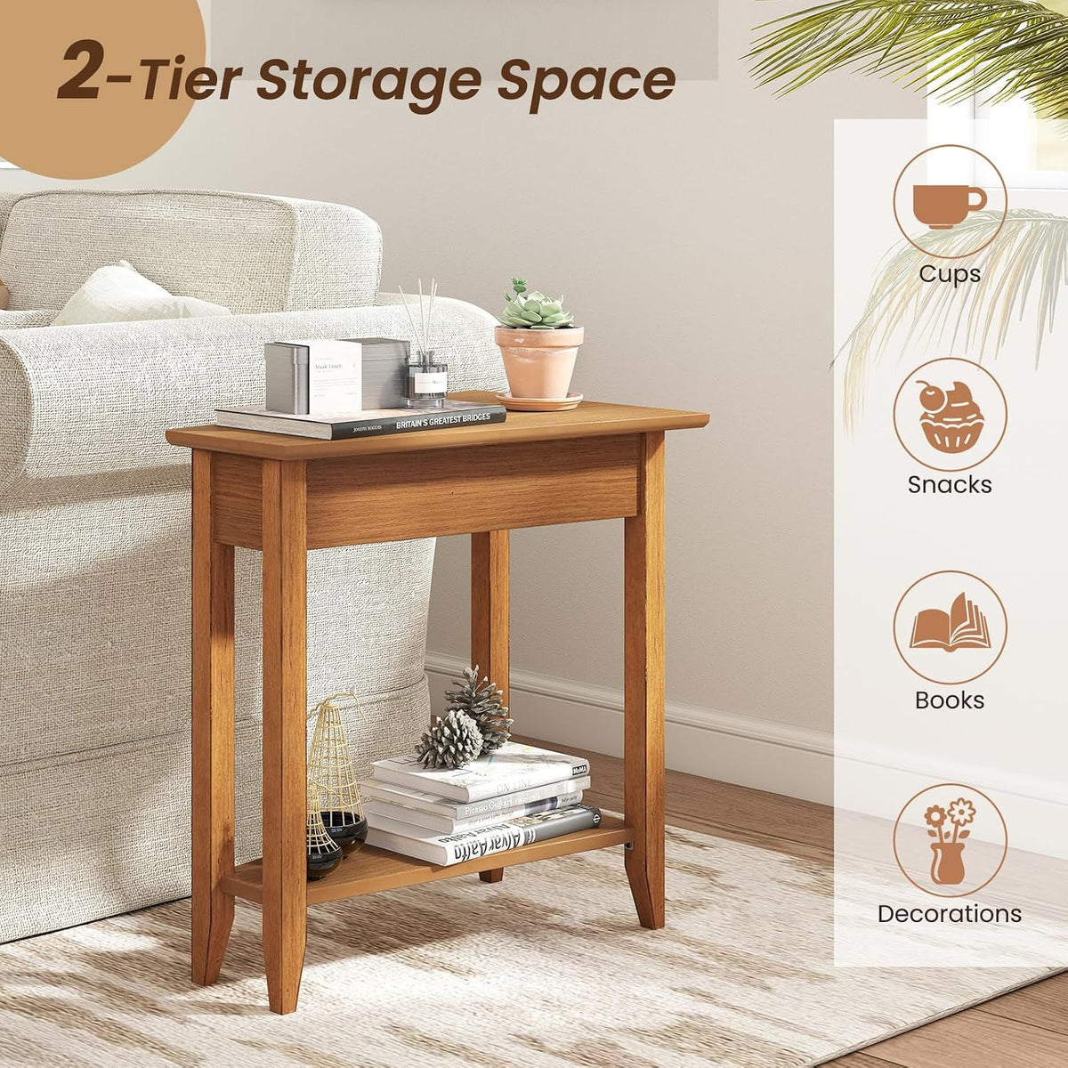 GOFLAME 2-Tier Wedge End Table, Narrow Triangle Side Table with Storage Shelf, Solid Wood Legs, Nightstand, Recliner Wedge Table for Living Room, Bedroom, Small Space, Rustic Walnut