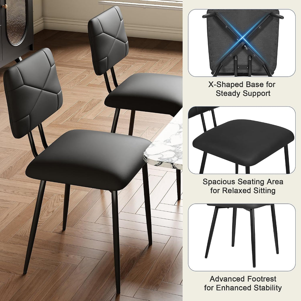 VECELO Dining Chairs Set of 2, Modern Upholstered Kitchen Chairs with Faux Leather Cushion Seat & Metal Legs for Kitchen, Living Room, Tufted Backrest Design, Black
