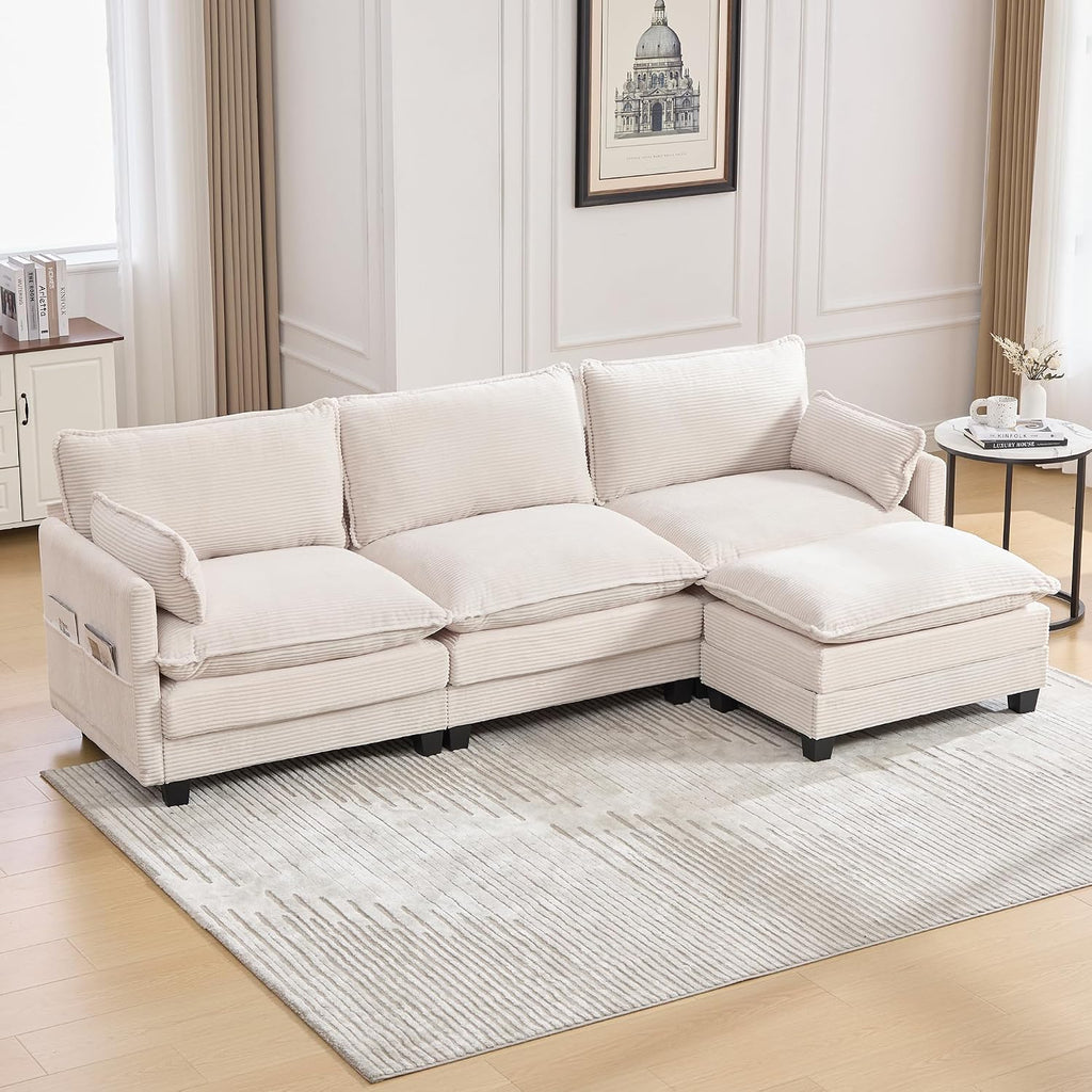KIVENJAJA 103" Cloud Couch Sectional with Storage, L Shaped Sofa, Beige | 3 Seat, Side Pockets, Movable Ottoman, Corduroy, Deep Seat, Easy Assembly, for Living Room/Apartment