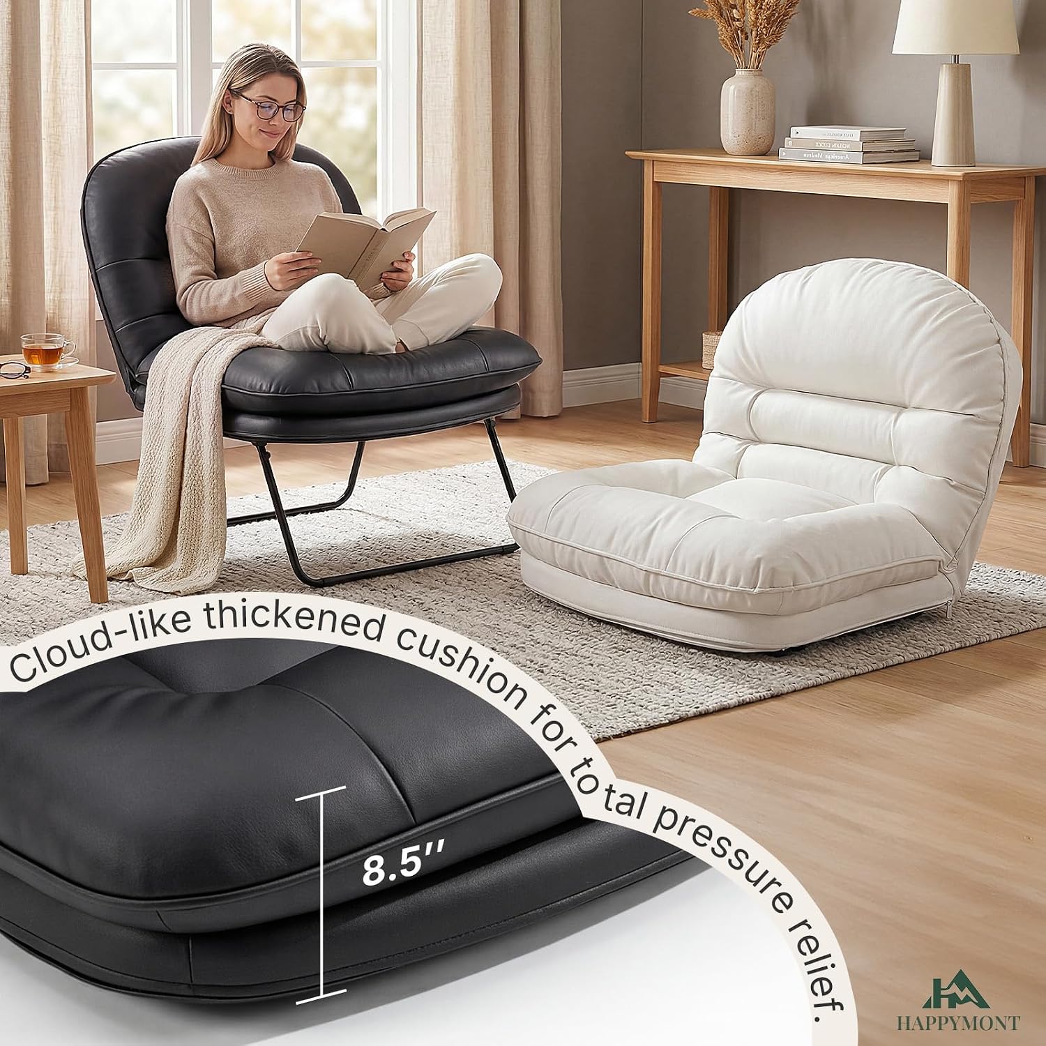Saucer Chair, Small Foldable Floor Chair, PU Leather | Folding Adjustable Backrest, Bedroom, Living Room, Dorm, Small Spaces Apartment, Adults, Black