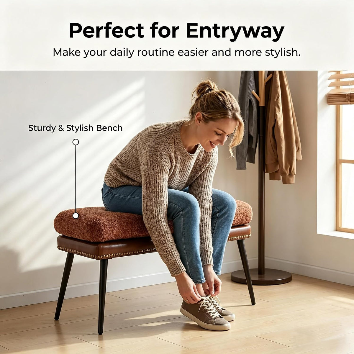 Forteek 32" Retro Upholstered Entryway Bench, Shoe Bench with Cushion | Leather & Fabric Padded Bench, End of Bed Bench for Bedroom, Dining Bench for Living Room, Storage Bench for Hallway & Foyer