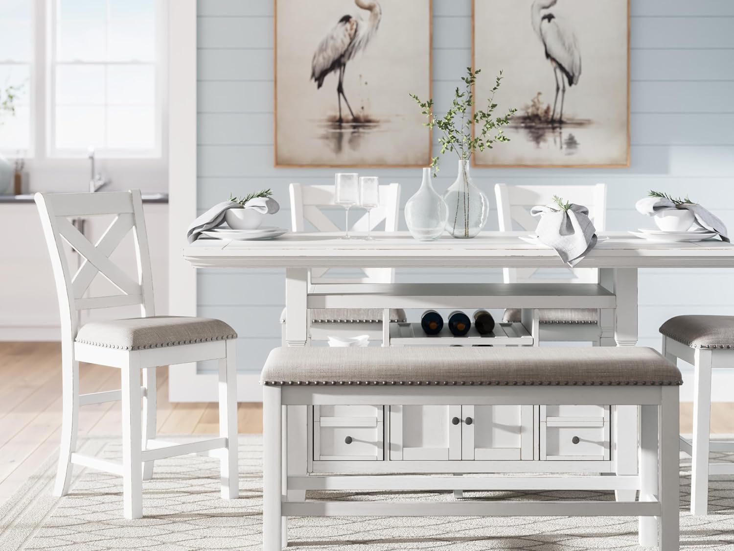 Signature Design By Ashley Robbinsdale 72-Inch Counter Height Dining Table with Kitchen Island Storage, Rubberwood Solids, Ash Veneer and MDF Substrates, Antique White