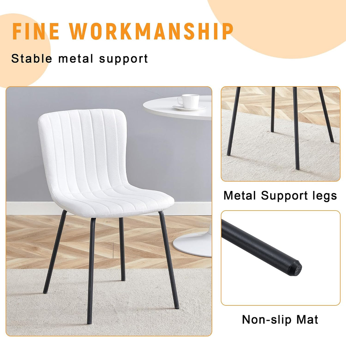 Dining Chairs Set of 4, White Linen Kitchen Chairs Heavy Duty Restaurant Chair Striped Modern Parson Chair with Metal Leg for Kitchen Restaurant Dining Room