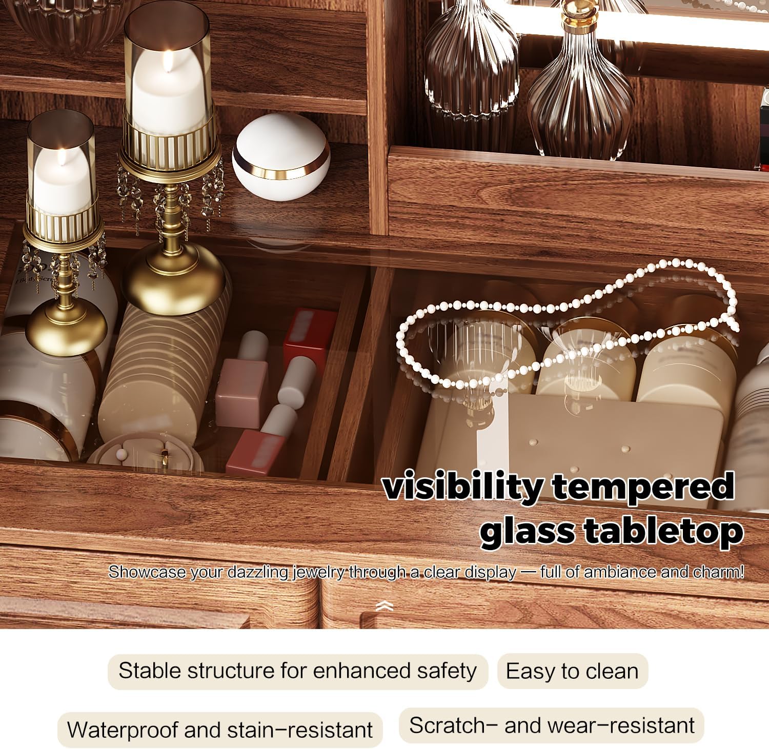 Arulvmrn 43” Wooden Makeup Vanity Set with Mirror and Lighted,Modern Vanity Desk with 9 Drawers,Storage Shelves, and Padded Seat, Dressing Table for Bedroom, Dorm, or Home Beauty Station,Brown