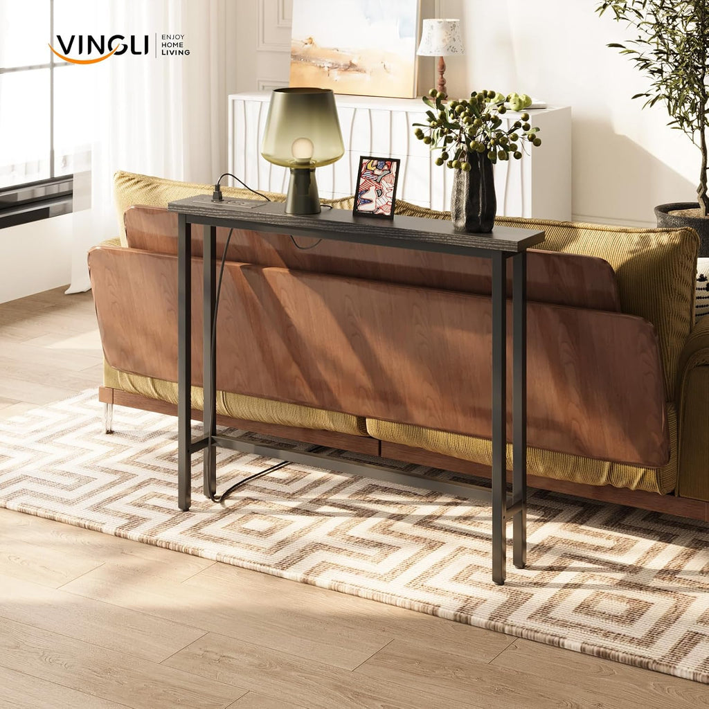 VINGLI 39" Console Table with Charging Station, 5.9" Narrow Sofa Table Behind Couch, Entryway Table with Power Outlet & 4.9 Ft Extension Cord & Adjustable Feet, for Living Room, Hallway, Black