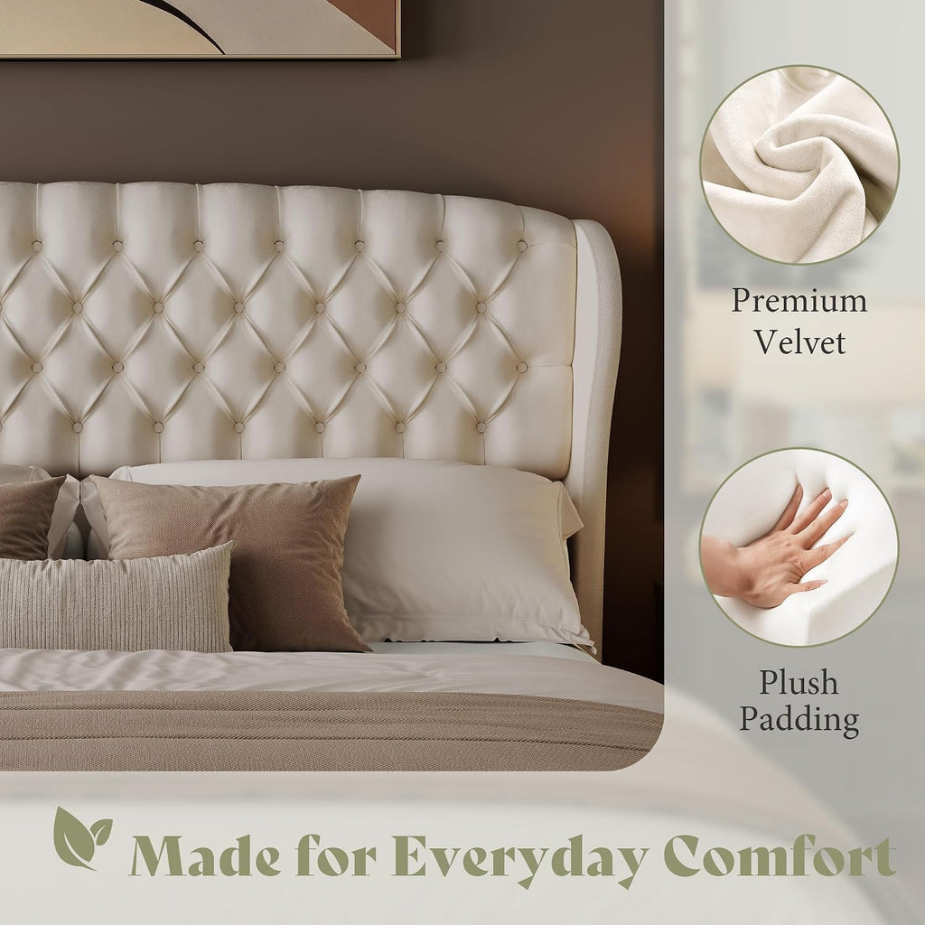 AMERLIFE Full/Queen Headboard Only, Velvet Upholstered Wingback, Cream
