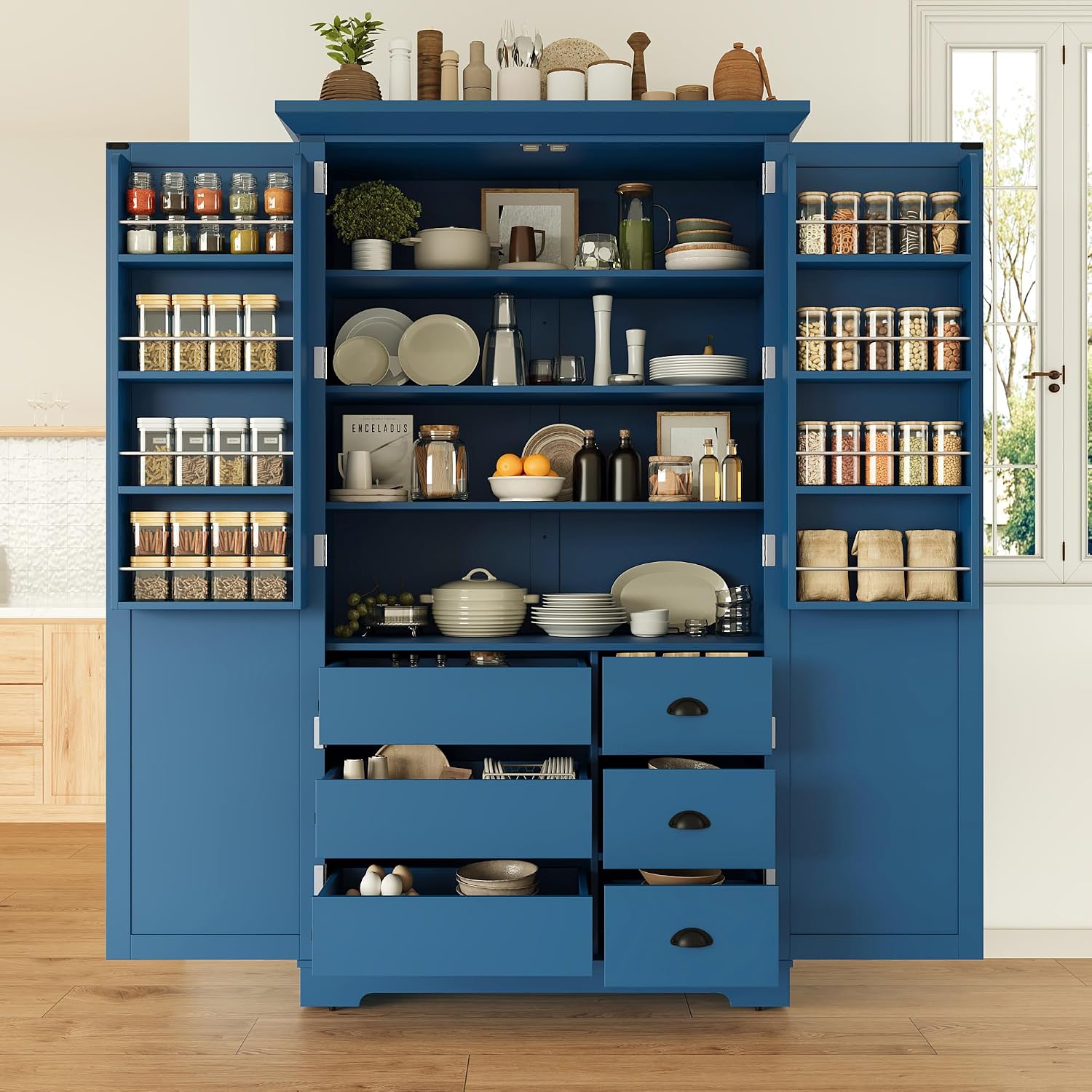 LUMISOL Kitchen Pantry with Drawers, 72" Tall Freestanding Cupboard Storage Cabinets with Door Shelves & Pull-Out Trays, Dining Storage Cabinet Cupboard with Adjustable Shelves, for Dining Room, Blue
