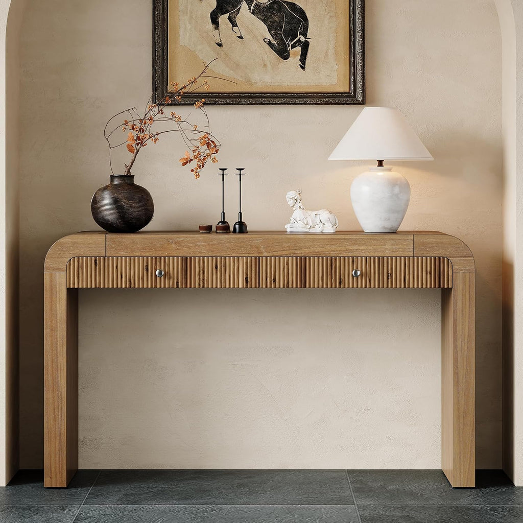 Console Table, 54.3" Wood Couch Table with Drawers, Farmhouse Entryway Table for Entrance, Hallway, Living Room, Easy Assmebly, Natural