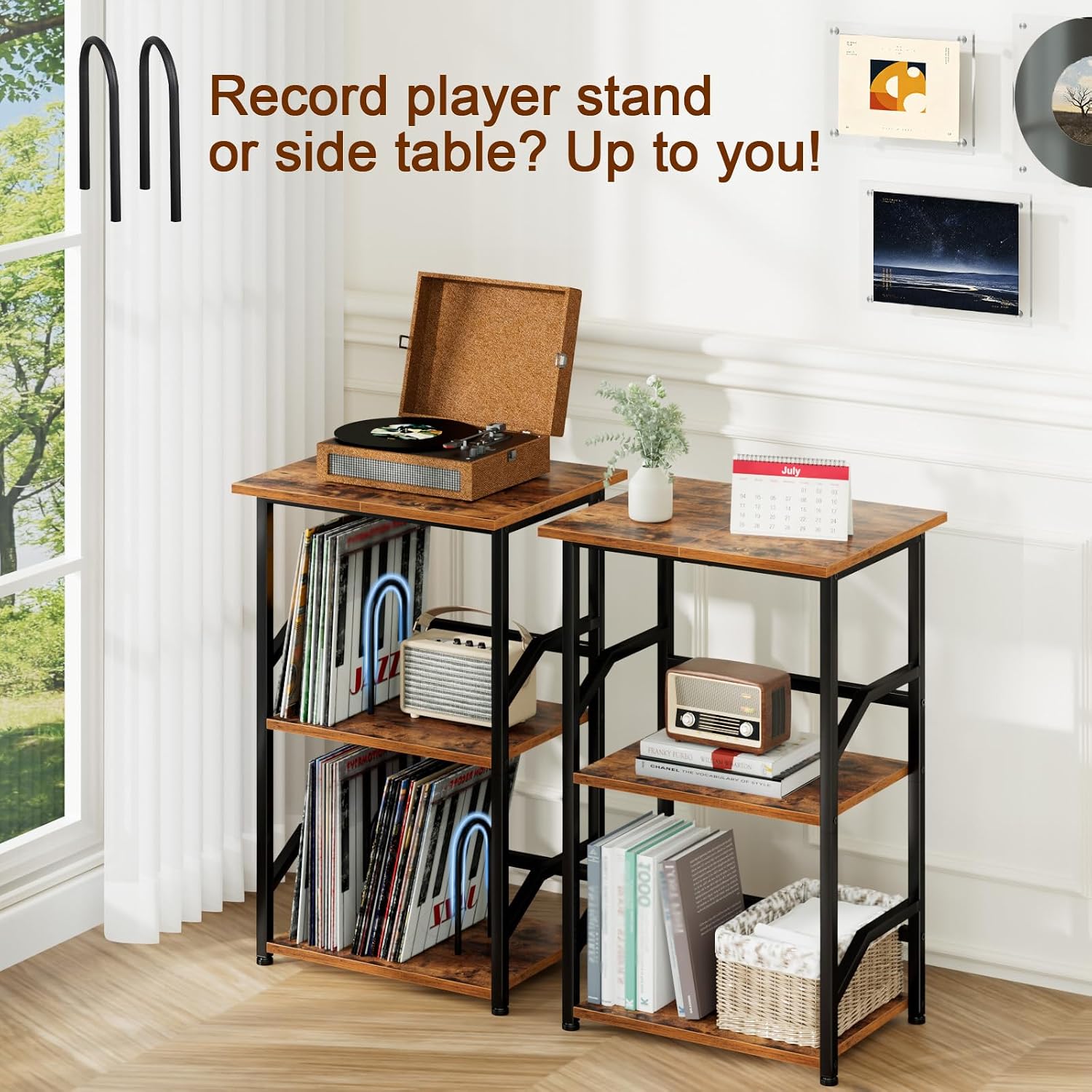 LOAKEKEL Record Player Stand, Large Vinyl Record Storage Up to 200 Albums, 3 Tier End Table with Removable Dividers, Tall Side Table for Living Room, Bedroom, Rustic Brown, HETCD020BR-1