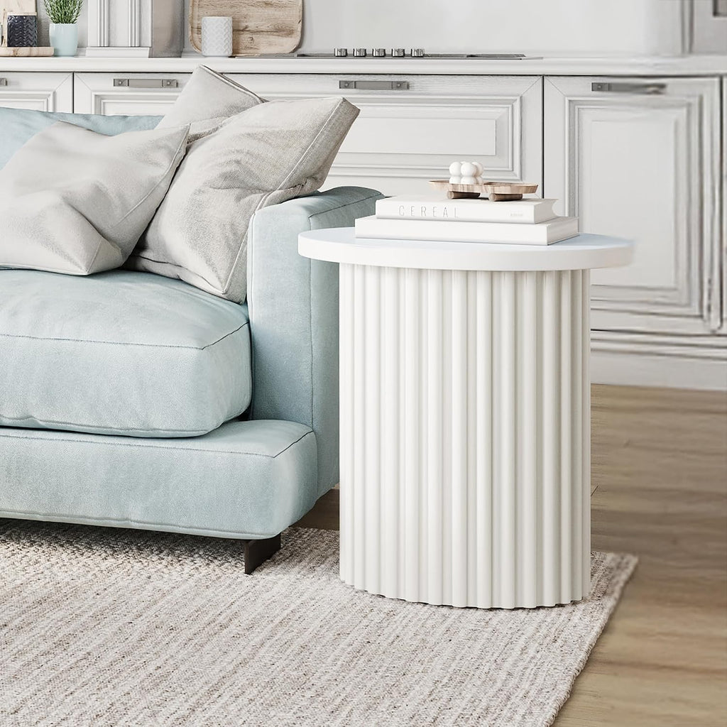 Jofran Round End Table with Fluted Pedestal Base, Mid-Century Modern Side Table for Living Room Bedroom, Accent Table, White