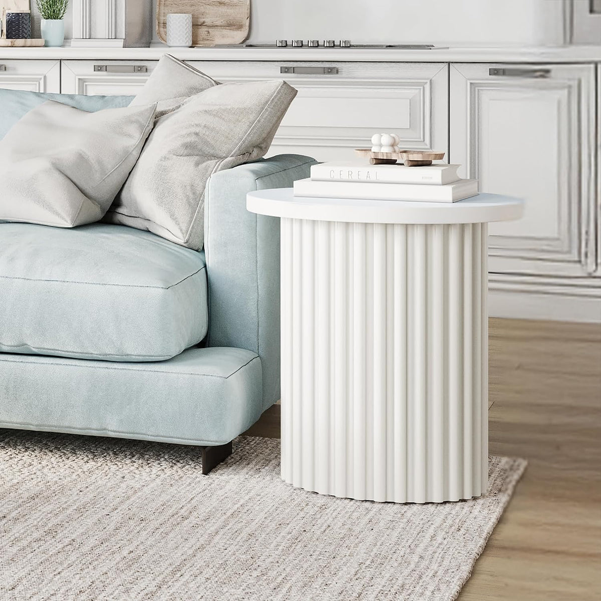 Jofran Round End Table with Fluted Pedestal Base, Mid-Century Modern Side Table for Living Room Bedroom, Accent Table, White