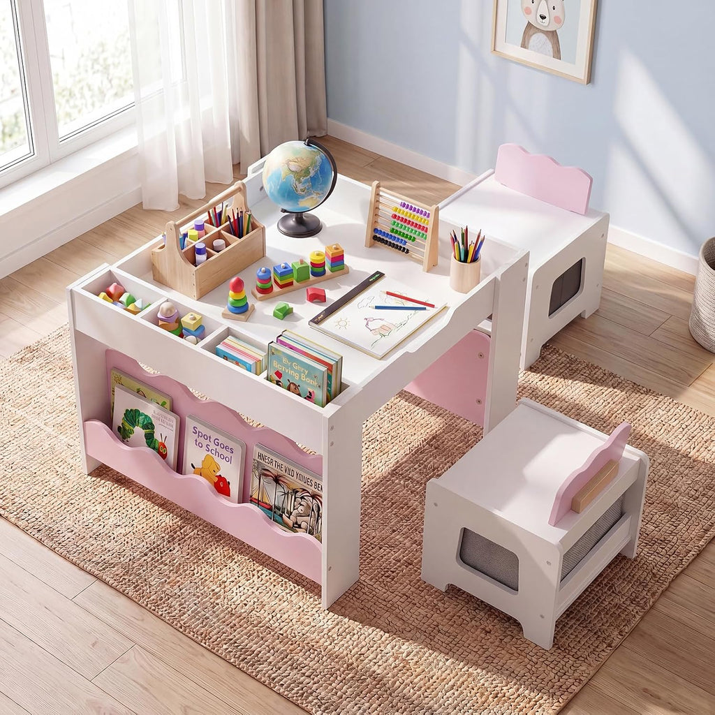 HONEY JOY Wooden Kids Table and Chair Set w/Double-Sided Tabletop | Toddler Activity Table and Chairs w/ Chalkboard, Bookshelves, Small Compartments and Fabric Drawers for Art & Crafts