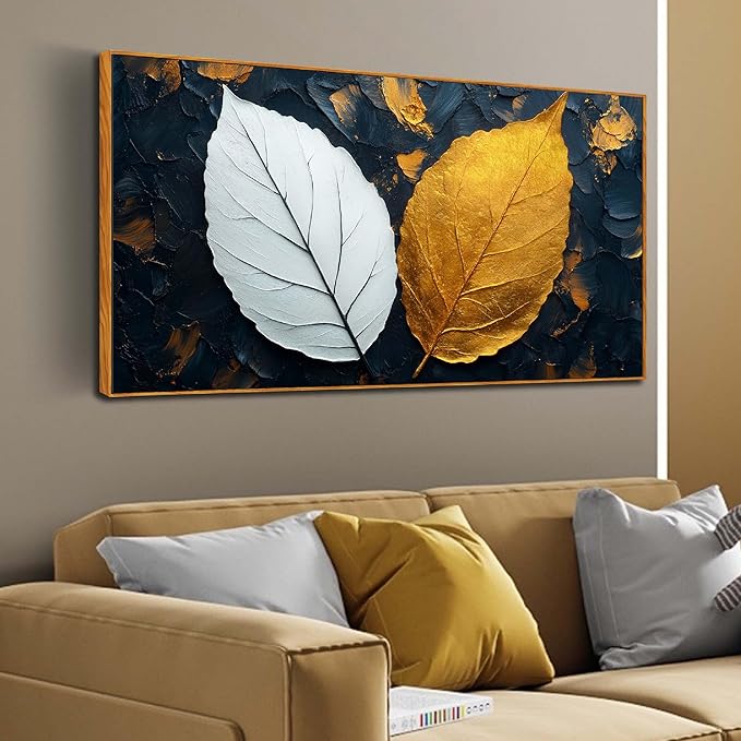 Leaves Wall Art for Living Room, Black White and Gold Canvas Wall Decor for Bedroom, Picture Print Artwork, Large Size 59 x 29 Inches Framed