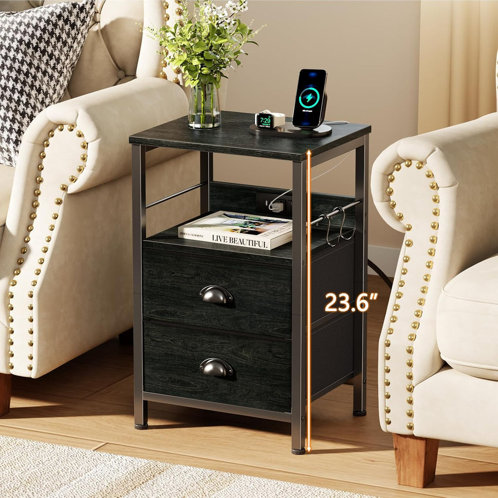 Furologee Nightstand with Charging Station, 2 Fabric Drawers, Black Oak | Night Stand Features USB Ports, Open Shelf, S Hooks, for Easy Living Room or Bedside Storage.