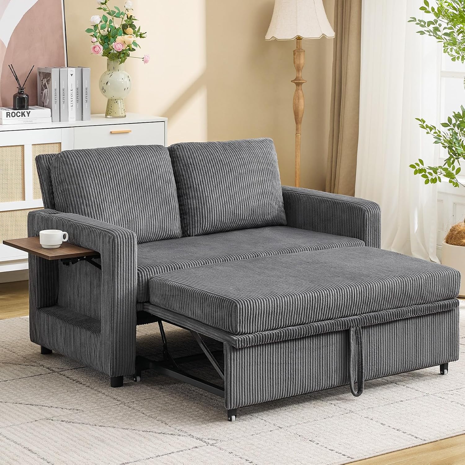 3 in 1 Convertible Sofa Bed, Pull Out Couch with Dual USB and Type C Ports, Chenille Fabric Loveseat Sleeper Sofa Bed, Sofa Bed with Foldable Side Table for Living Room Home Office Apartment