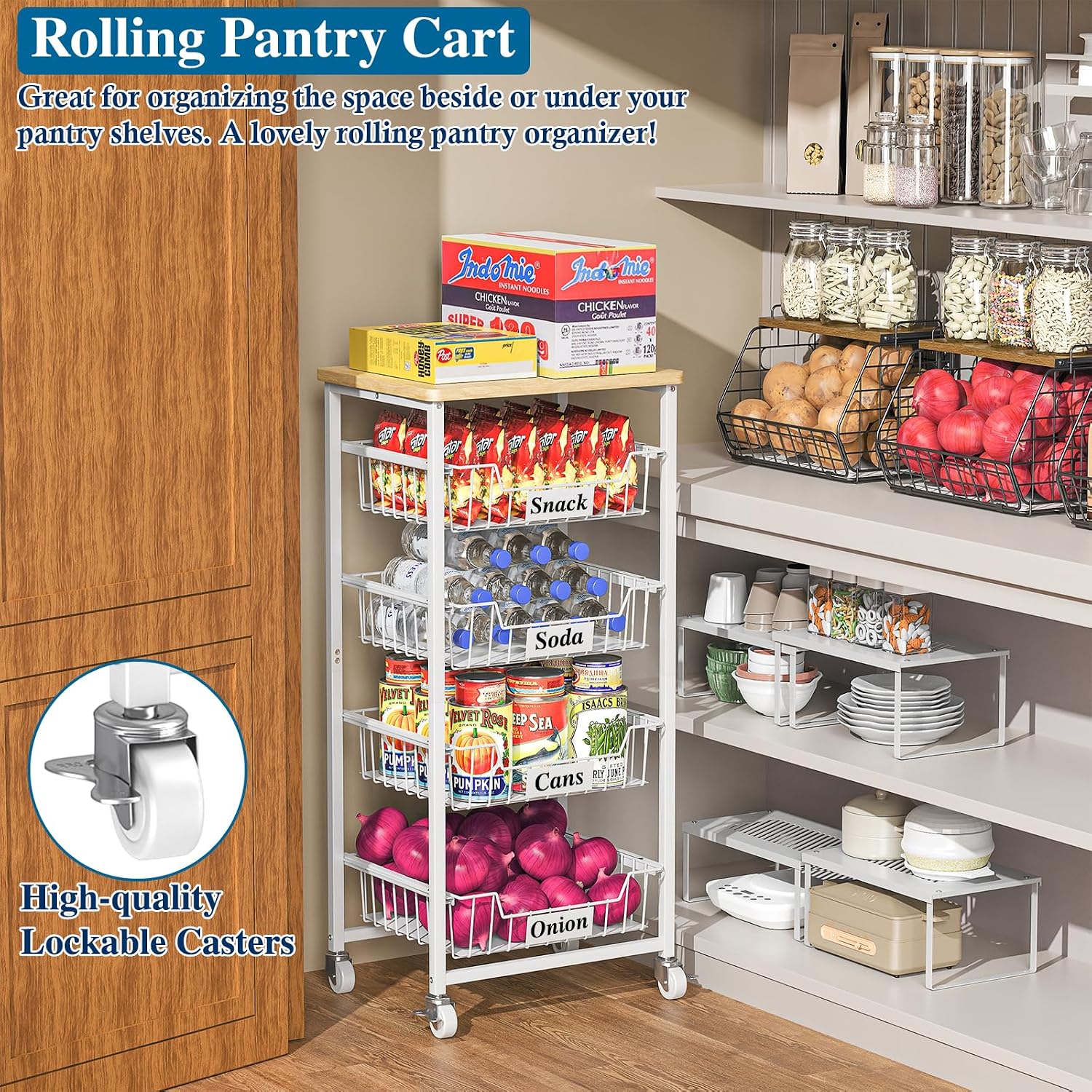 OKZEST 5-Tier Kitchen Storage Cart with 4 Upgraded Drawer Basket & Wood Top | Mobile fruit basket stand with 4 PE liners, Rolling kitchen pantry organizers, Holds potato, onion, drink, can, snack, veggie