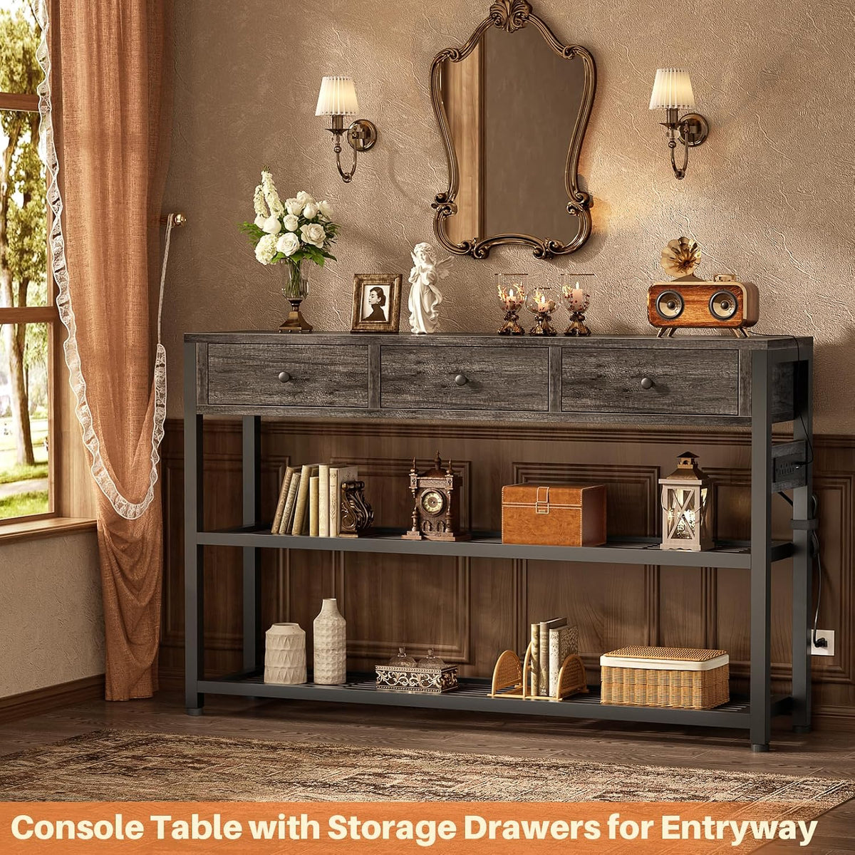 Ecoprsio Entryway Table with Power Outlets, 47" Console Table with Drawers | Sofa Tables Narrow Long, Behind Couch Table Entry Way Table with Shelves Storage for Living Room, Hallway, Grey Oak