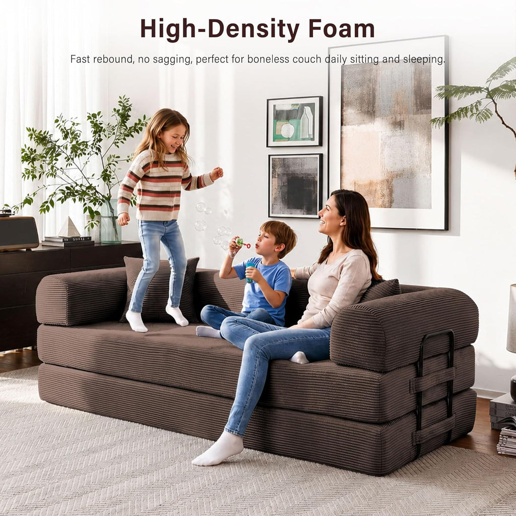 79" Convertible Sofa Bed, 5-in-1 Corduroy Couch Bed Sofa Pull Out, Memory Foam Couch, No Assembly Futon Couches for Living Room (Brown)