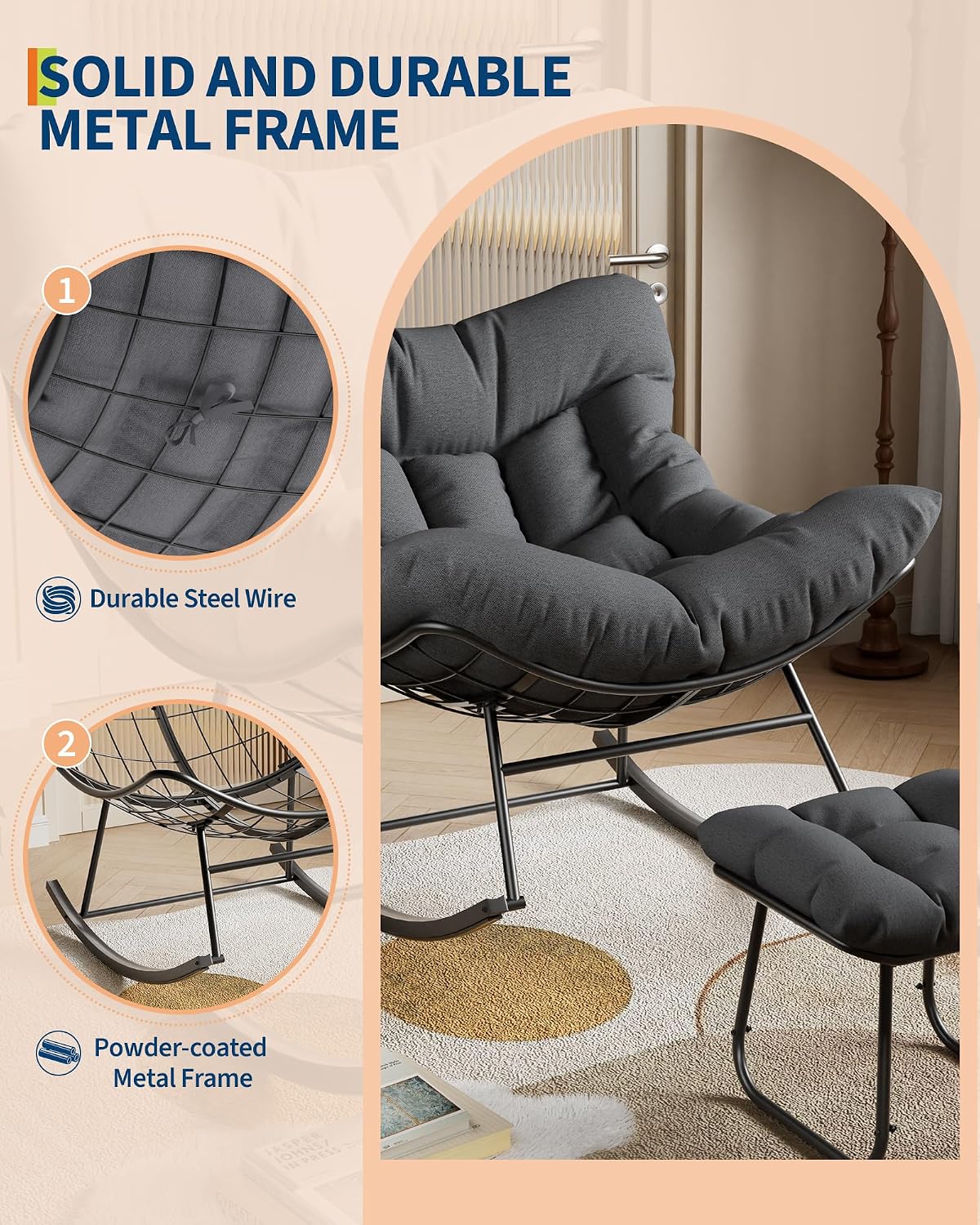 GarveeLife Oversized Papasan Rocking Chair with Footrest, Outdoor Lounge Chair with Ottoman and Sturdy Metal Frame, Patio Egg Rocker for Balcony Backyard Porch Bedroom, Grey