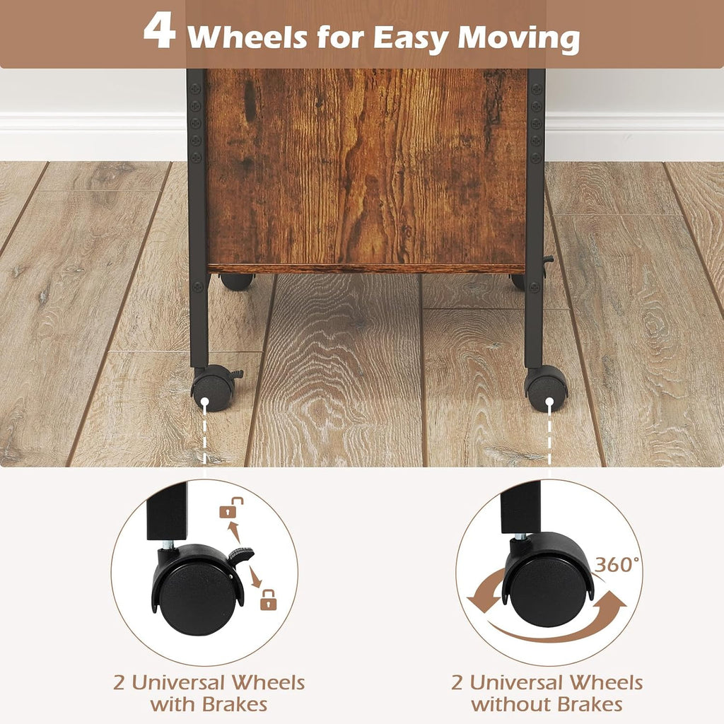 LOKO Record Player Stand with Charging Station, 3-Tier Vinyl Turntable Stand On Wheels with Open Shelves, Metal Dividers, Industrial End Table Turntable Holder for Bedroom, Living Room