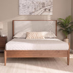 SOFTSEA Solid Wood Queen Bed Frame with Upholstered Headboard, Mid Century Modern Platform Bed Queen Size with Tapered Legs, Walnut