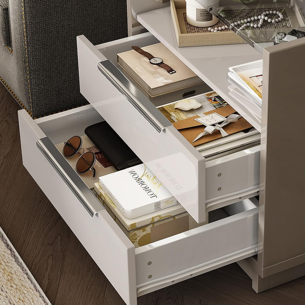 AMERLIFE 23.6" Nightstand Set of 2, Modern Bedside Table, Cream & Grey | High Gloss End Table, Night Stand with Charging Station, 2 Drawers & Open Shelf, Glass Top, Easy Assembly, Bedroom Storage