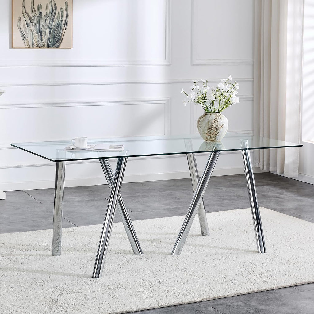 Glass Dining Table for 4 6 8 Pepole,71 Inch Rectangle Kitchen Dining Room Table with 0.39" Thick Tempered Glass Tabletop & Metal Legs, Modern Glass Top Silver Dinner Table for Dining Room