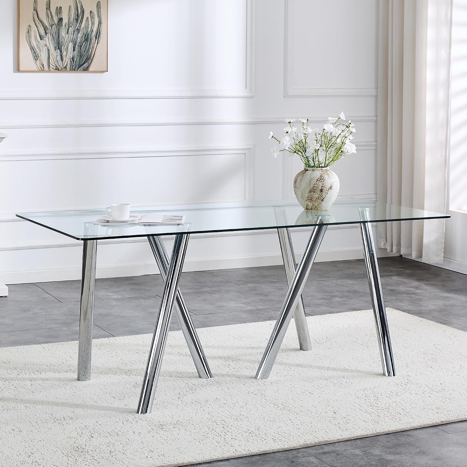 Glass Dining Table for 4 6 8 Pepole,71 Inch Rectangle Kitchen Dining Room Table with 0.39" Thick Tempered Glass Tabletop & Metal Legs, Modern Glass Top Silver Dinner Table for Dining Room