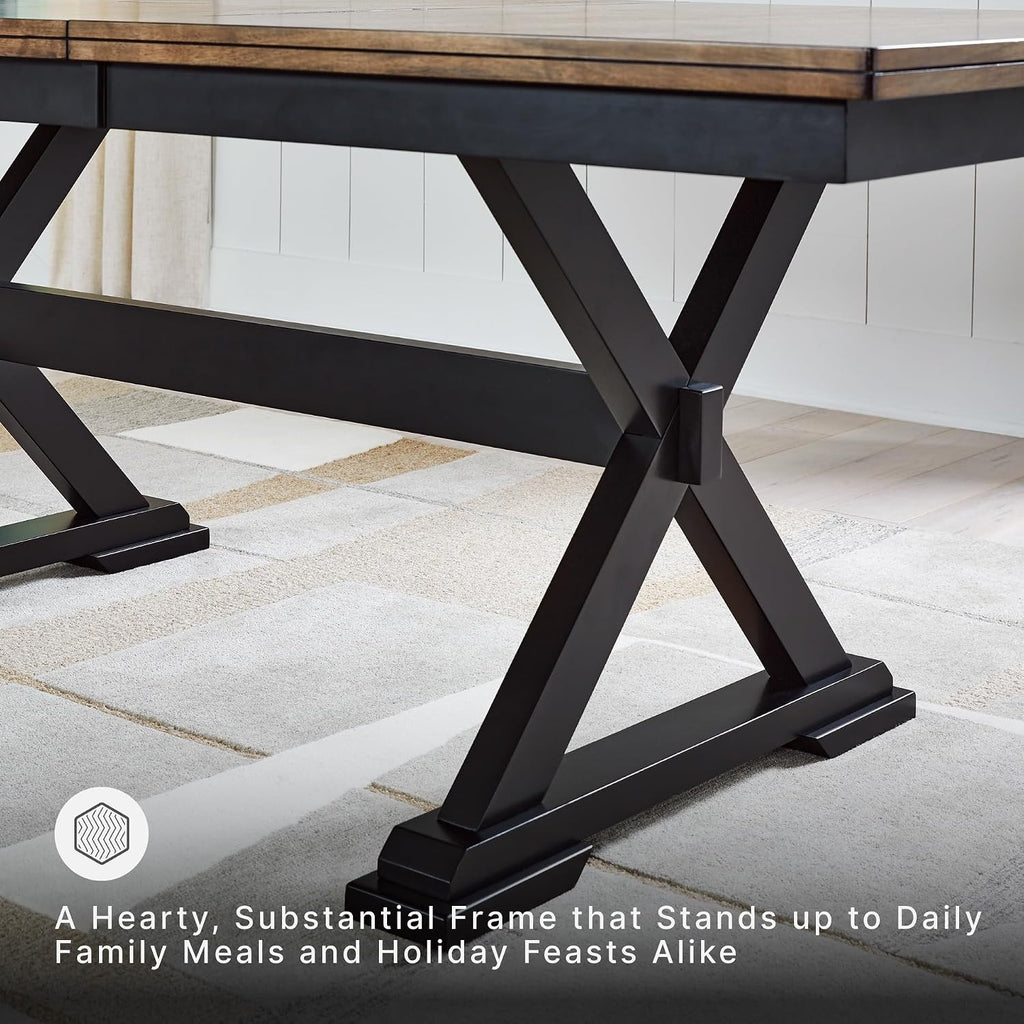 Signature Design by Ashley Wildenauer Extendable Dining Table, Farmhouse | Hardwood solids, Mango wood veneer, MDF substrate, Trestle base, Self-storing butterfly leaf, Seats 8, 60 to 78 inch length