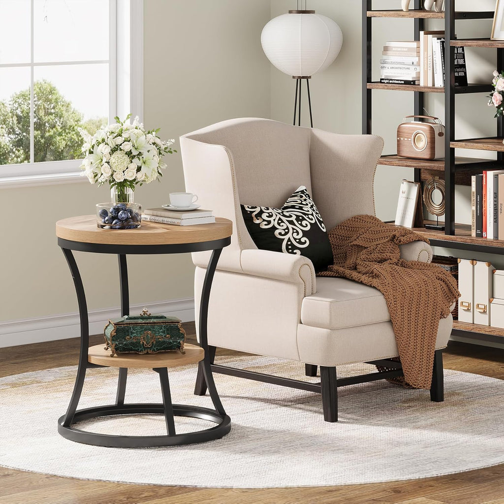 Round End Table, 2 Tier Industrial Side Table, Accent Bedside Table Nightstand with Metal Frame for Living Room, Bedroom, Small Spaces, Easy Assembly, Light Brown & Black