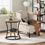Round End Table, 2 Tier Industrial Side Table, Accent Bedside Table Nightstand with Metal Frame for Living Room, Bedroom, Small Spaces, Easy Assembly, Light Brown & Black