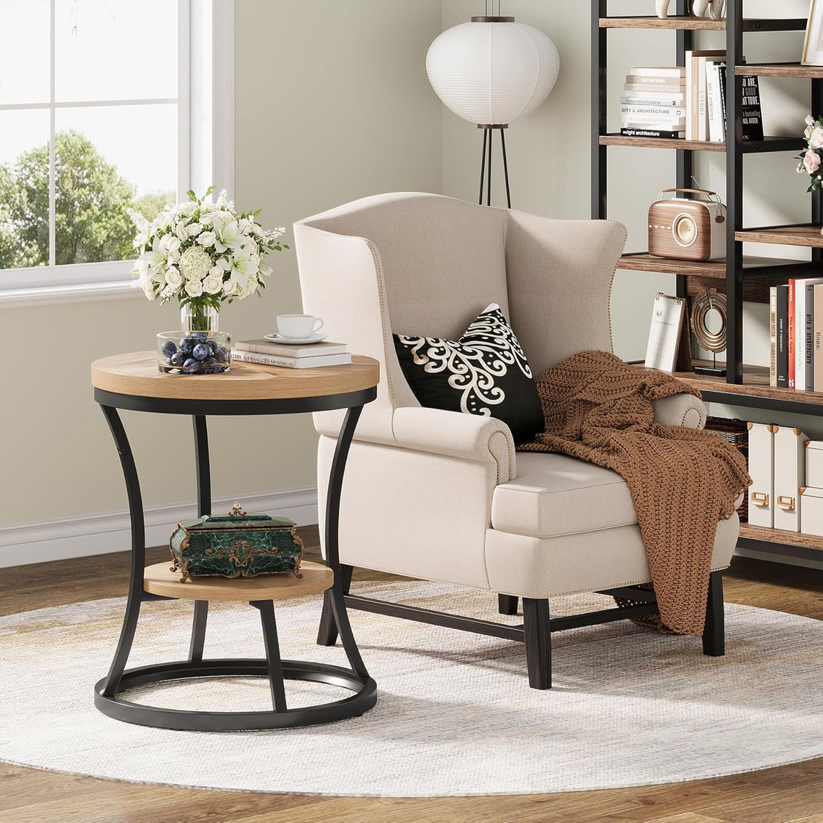 Round End Table, 2 Tier Industrial Side Table, Accent Bedside Table Nightstand with Metal Frame for Living Room, Bedroom, Small Spaces, Easy Assembly, Light Brown & Black