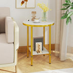 Giantex Round Side Table Set of 2, 2-Tier Faux Marble Bedside Night Stand w/Metal Frame & Open Storage Shelf, Gold Accent Style, Tall Coffee Sofa End Table for Living Room Bedroom Small Spaces