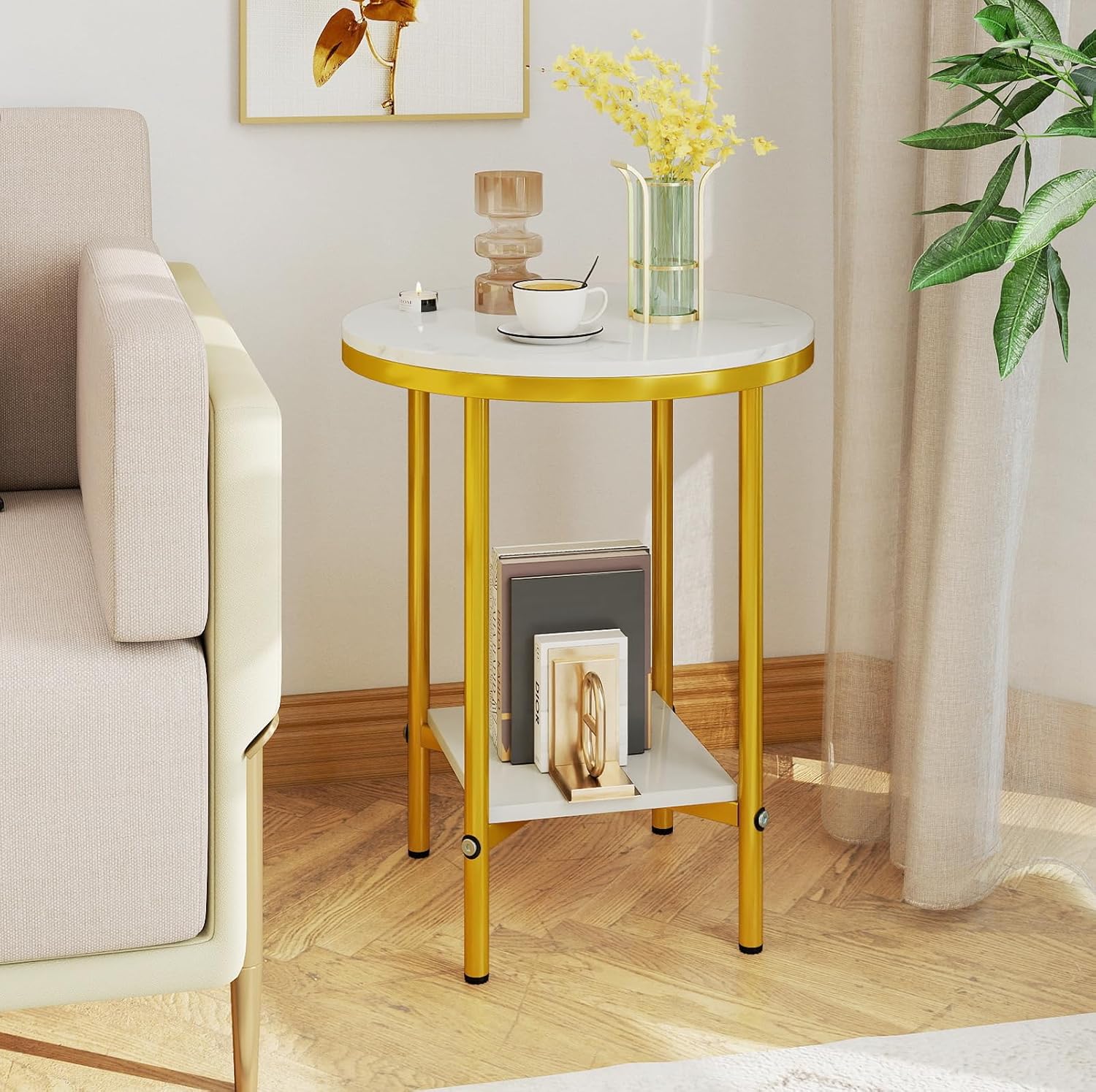 Giantex Round Side Table Set of 2, 2-Tier Faux Marble Bedside Night Stand w/Metal Frame & Open Storage Shelf, Gold Accent Style, Tall Coffee Sofa End Table for Living Room Bedroom Small Spaces