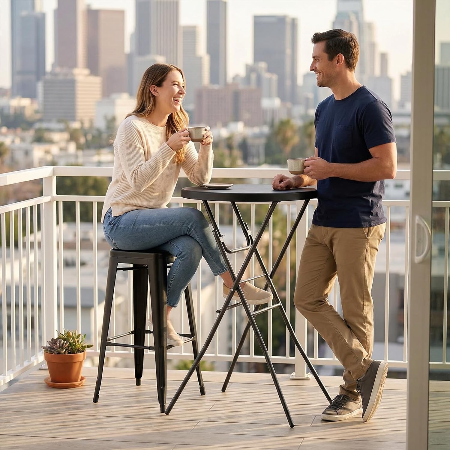 pollilar Cocktail Table 28in Portable Folding Bar Height Table, Compact Round High Top Plastic & Steel Bistro with Removable Legs, Indoor Outdoor RV Patio Catering Parties Commercial Events-Black