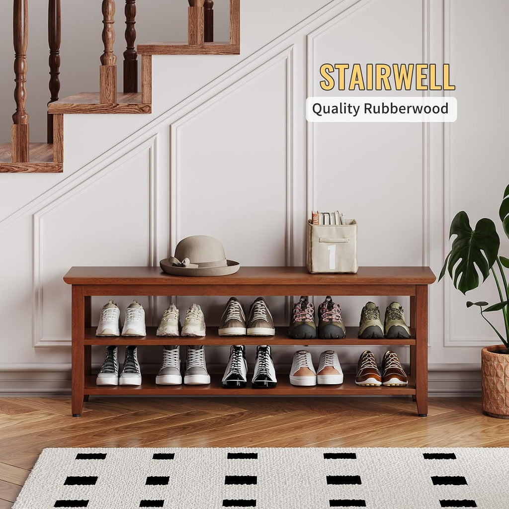 Wood Shoe Bench for Entryway,Bench with Shoe Rack,Storage Shoe Organizer for Hallway,Living Room,Bedroom (Brown, 47.24''W×11.81‘’D×17.71‘’H)