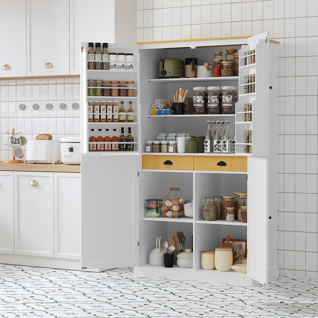 71.3 Inch Tall Freestanding Kitchen Pantry Cabinet, Large Food Storage Cupboard with 2 Drawers, 2 Adjustable Shelves and 8 Door Shelves, Utility Storage Cabinet for Kitchen & Dining Room,White