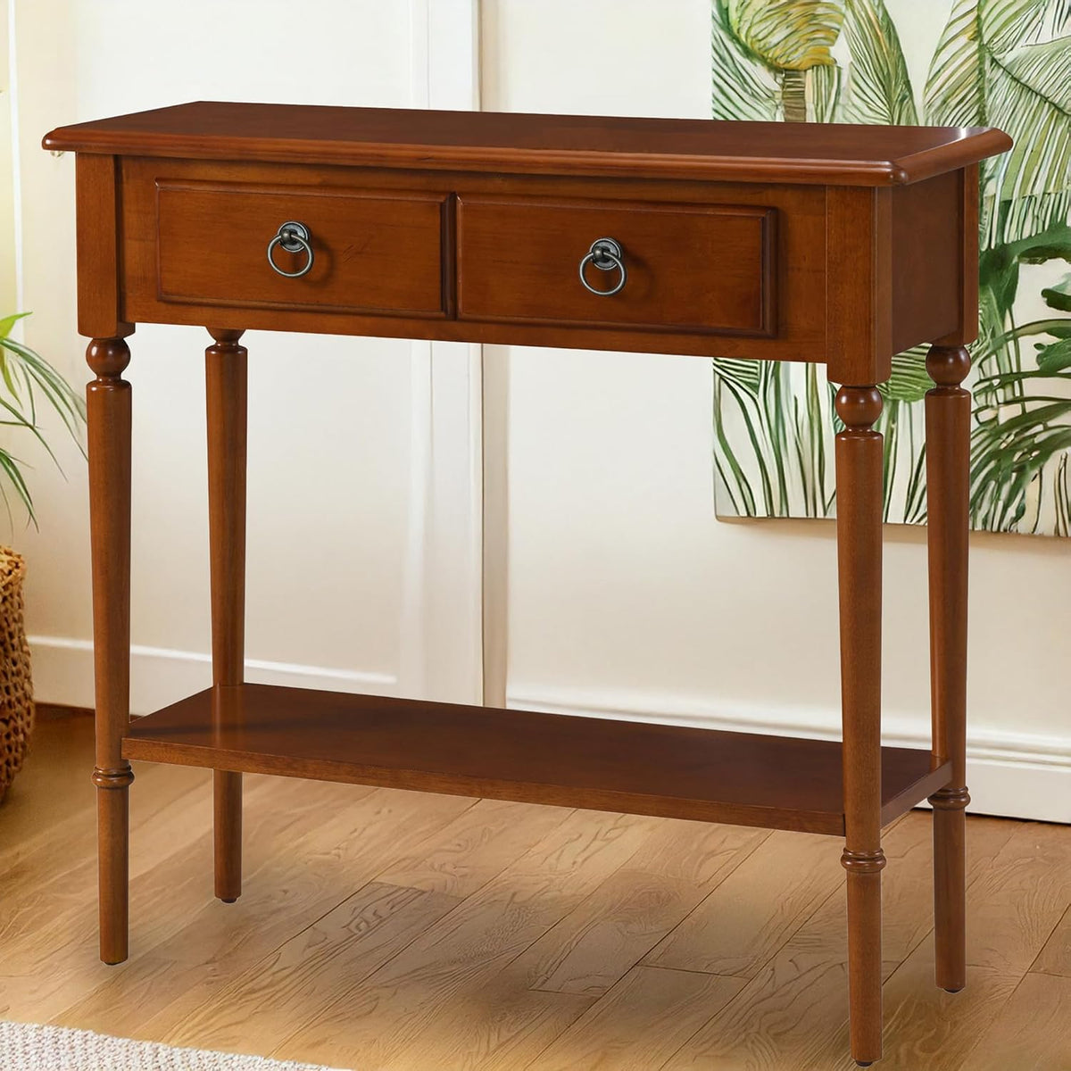 Leick Home Coastal Console Table, Solid Wood, with Drawer and Shelf, for Entryways, Hallways, and Living Rooms, Pecan Brown, 20027-PC