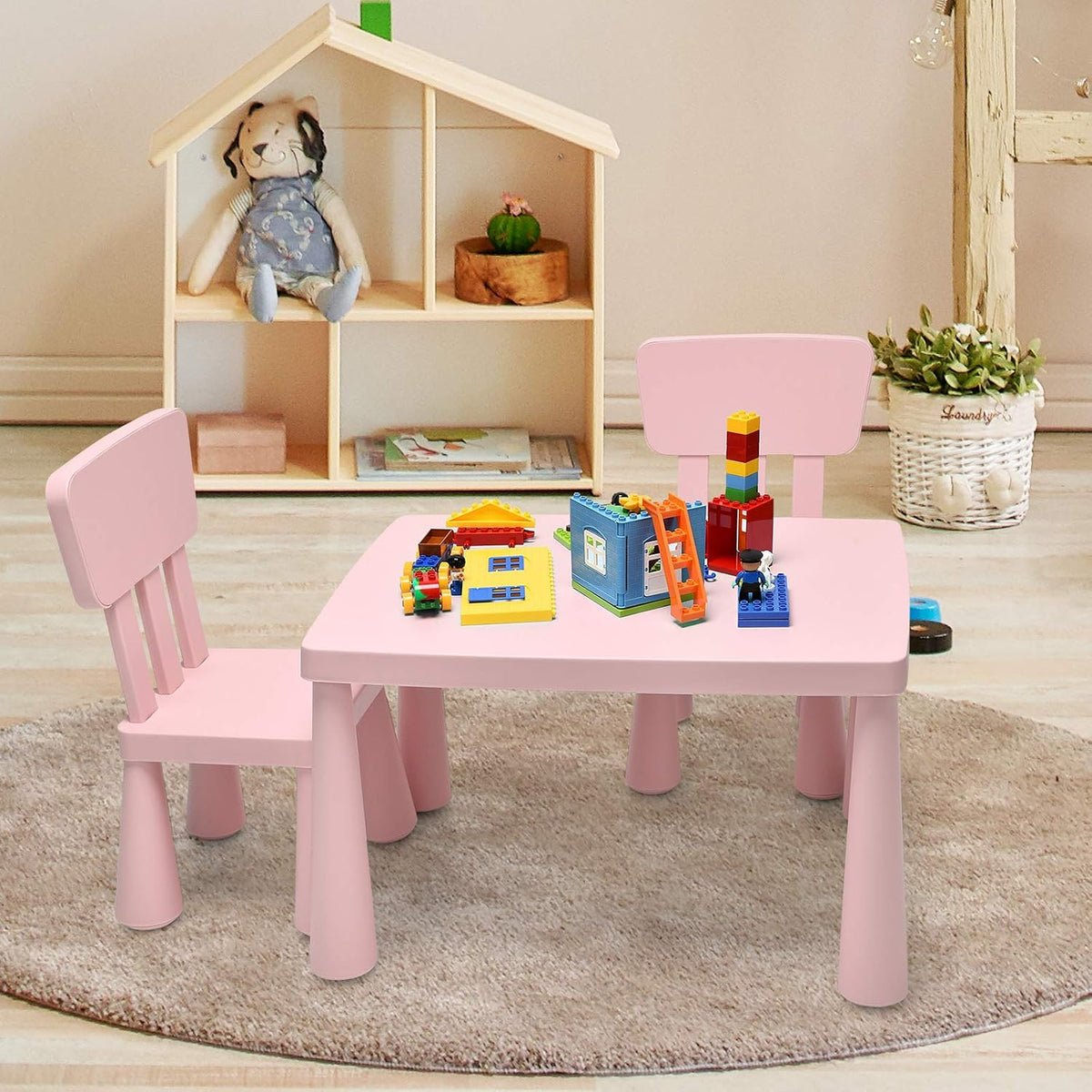 LDAILY Kids Table and Chairs, 3-Piece Children Activity Table for Drawing, Reading, Art Craft and Snack Time, Lightweight Plastic Toddler Table and Chair Set for Playroom, Daycare, Kindergarten (Pink)